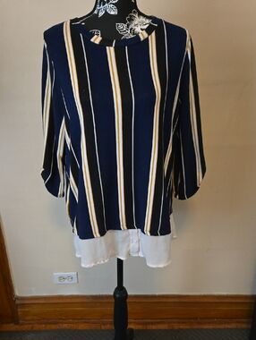 Womens Size Large Striped Navy and Mustard Layered-Effect Women’s Top